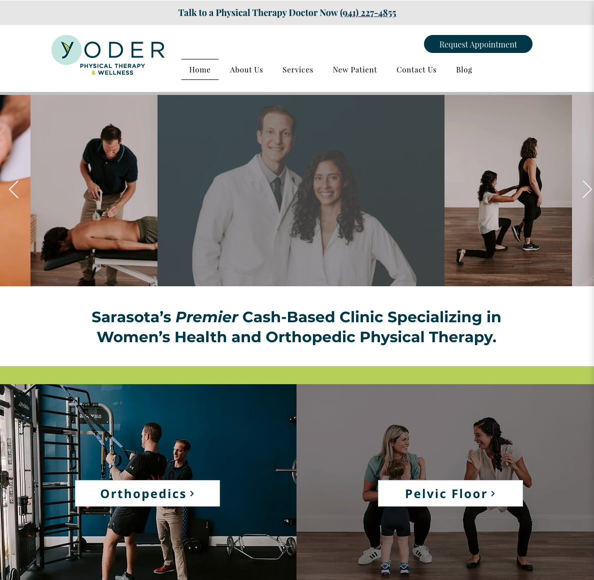 Yoder Physical Therapy and Wellness homepage with pictures of owners working with clients.